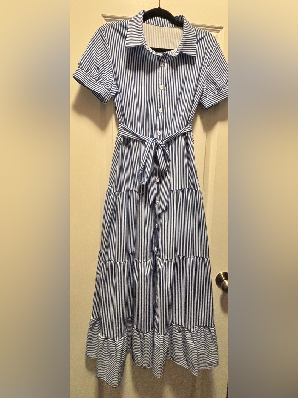 Blue and White Striped Button-Front Midi Shirt Dress with Tie Waist NWOT